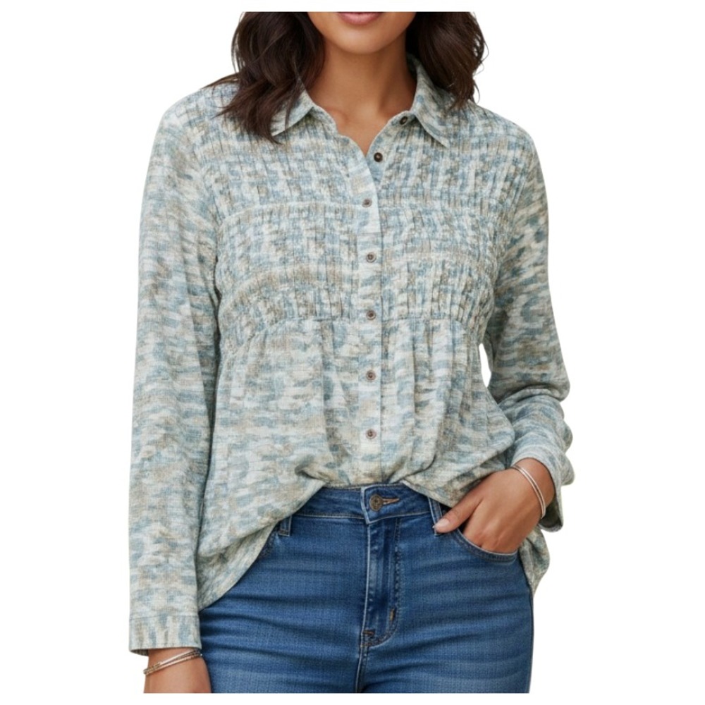 NWT JODIFL Cream/Blue WATERCOLOR Crinkle Challis BUTTON-UP SMOCK TOP Blouse M